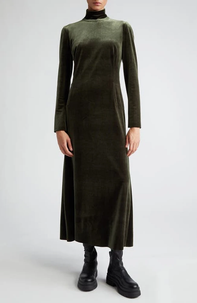 Akris Mock Neck Long Sleeve Fluid Stretch Velvet Gown 054 Moss at