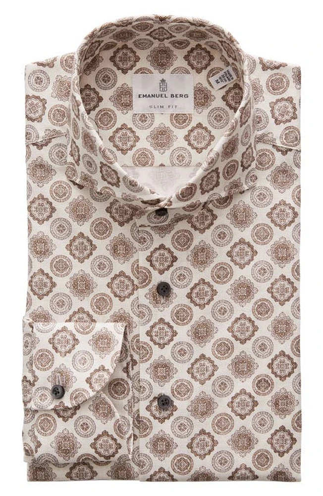 Emanuel Berg Medallion Print Dobby Button-Up Shirt Brown at Nordstrom,