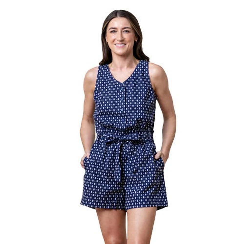 Hope & Henry Women's Sleeveless Linen Button Front Romper Navy Riviera Print at Nordstrom,