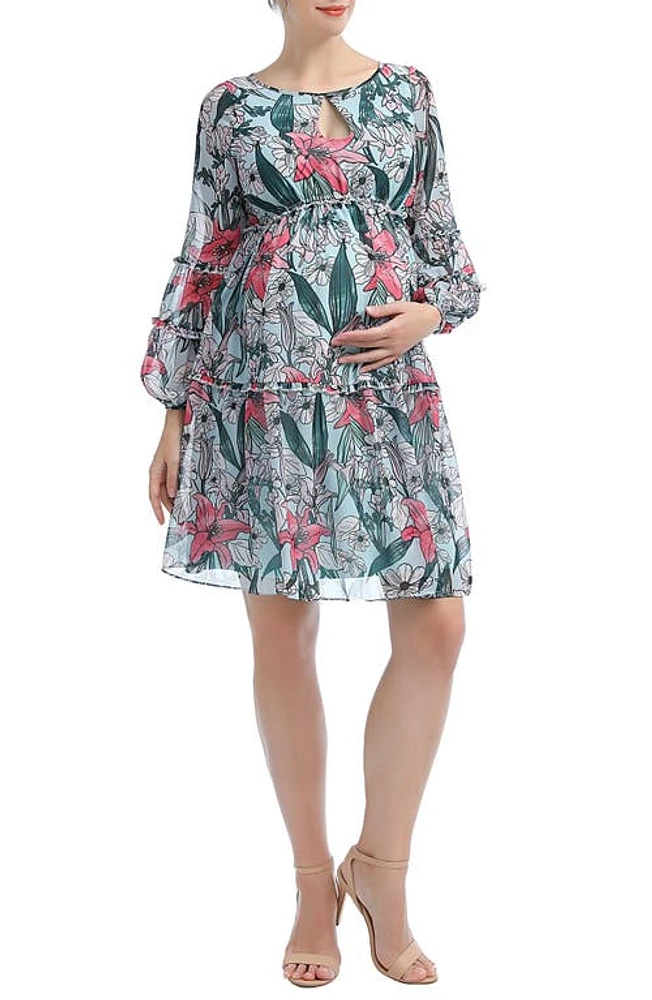 Kimi and Kai Nia Floral Long Sleeve Maternity Babydoll Dress Green Multi at Nordstrom,