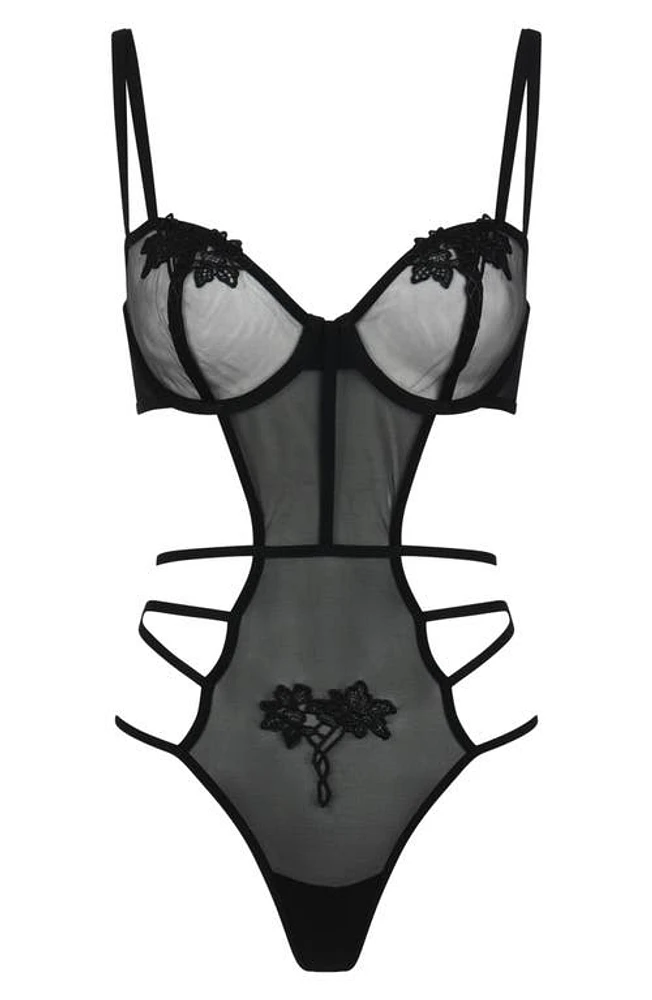 Love, Vera Floral Appliqué Underwire Strappy Mesh Teddy Black at Nordstrom,