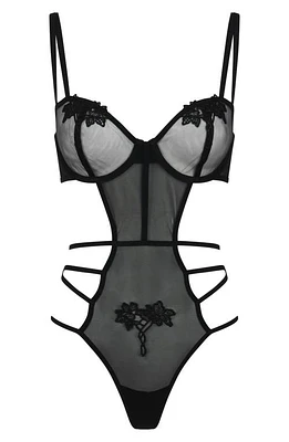 Love, Vera Floral Appliqué Underwire Strappy Mesh Teddy Black at Nordstrom,