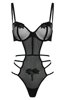 Love, Vera Floral Appliqué Underwire Strappy Mesh Teddy Black at Nordstrom,