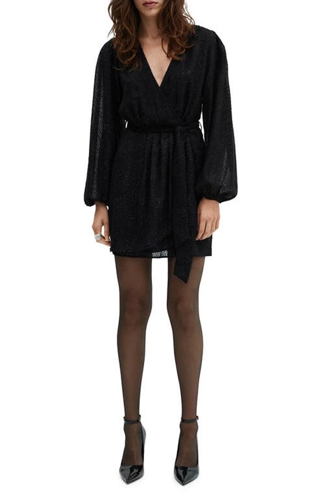 MANGO Belted Fuzzy Long Sleeve Minidress Black at Nordstrom,