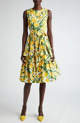 Carolina Herrera Tulip Print Sleeveless Stretch Cotton Tiered Dress White Multi at Nordstrom,