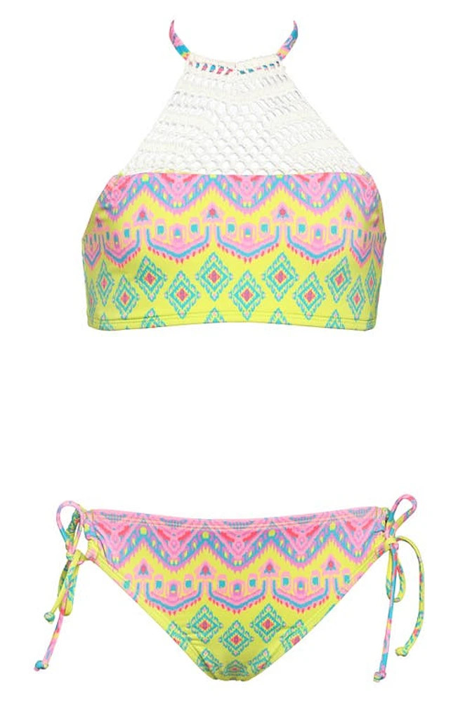 Hobie Kids' Print Crochet Trim Two-Piece Swimsuit Citron at Nordstrom,