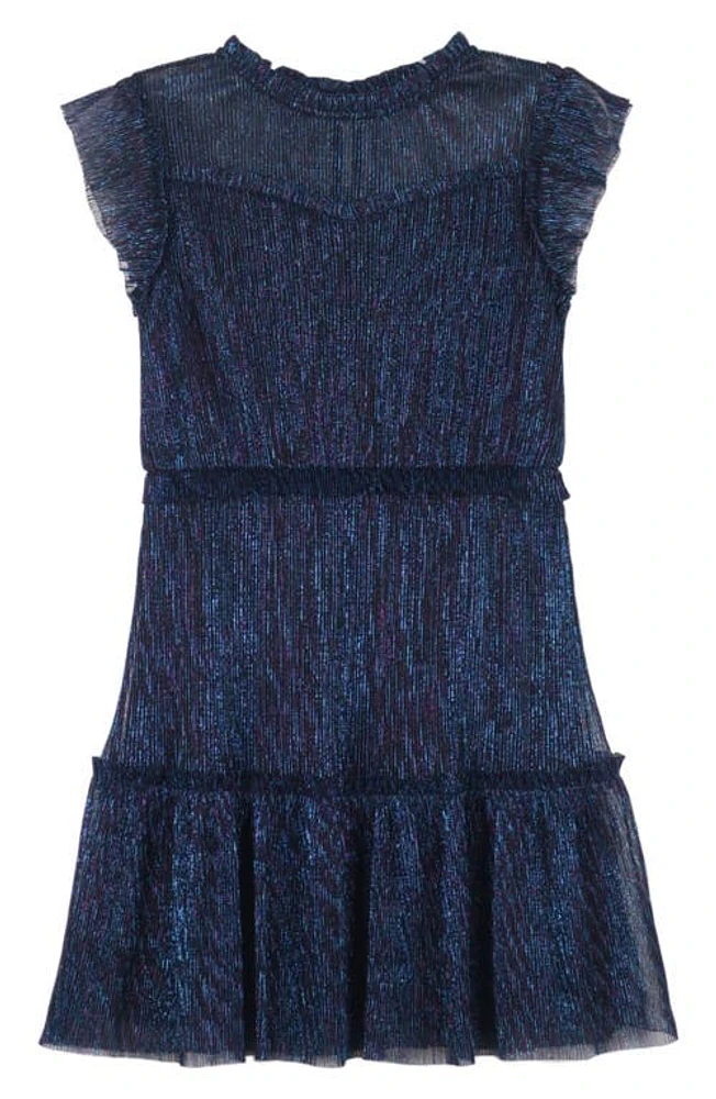 Zunie Kids' Metallic Ruffle Plissé Tiered Party Dress Blue Multi at Nordstrom,