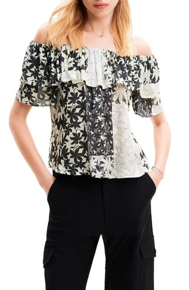 Desigual Patchwork Floral Ruffle Blouse White at Nordstrom,