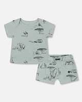 Deux Par Deux Baby Boy's Organic Cotton Top And Short Set Sage With Printed Jungle at Nordstrom