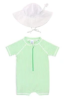 RuggedButts Kids' Stripe One-Piece Rashguard Swimsuit & Hat Set Green Seersucker at Nordstrom,