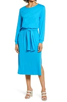 Fraiche by J Tie Waist Long Sleeve Midi Dress Blue at Nordstrom,