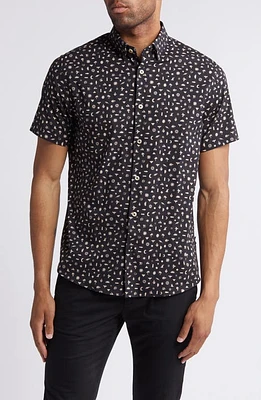 Stone Rose Boho Print Short Sleeve Stretch Button-Up Shirt Black at Nordstrom,