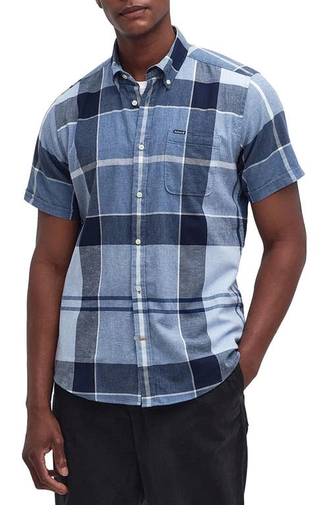 Barbour Doughill Plaid Short Sleeve Linen & Cotton Button-Down Shirt Berwick Blue at Nordstrom,