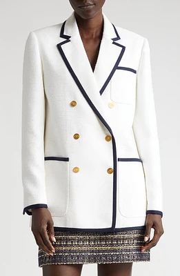 Valentino Garavani Contrast Trim Doubled Breasted Crisp Tweed Blazer Avorio/Navy at Nordstrom, Us