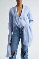 Coperni Stripe Plunge Neck Button-Up Shirt in Blue at Nordstrom, Size Large