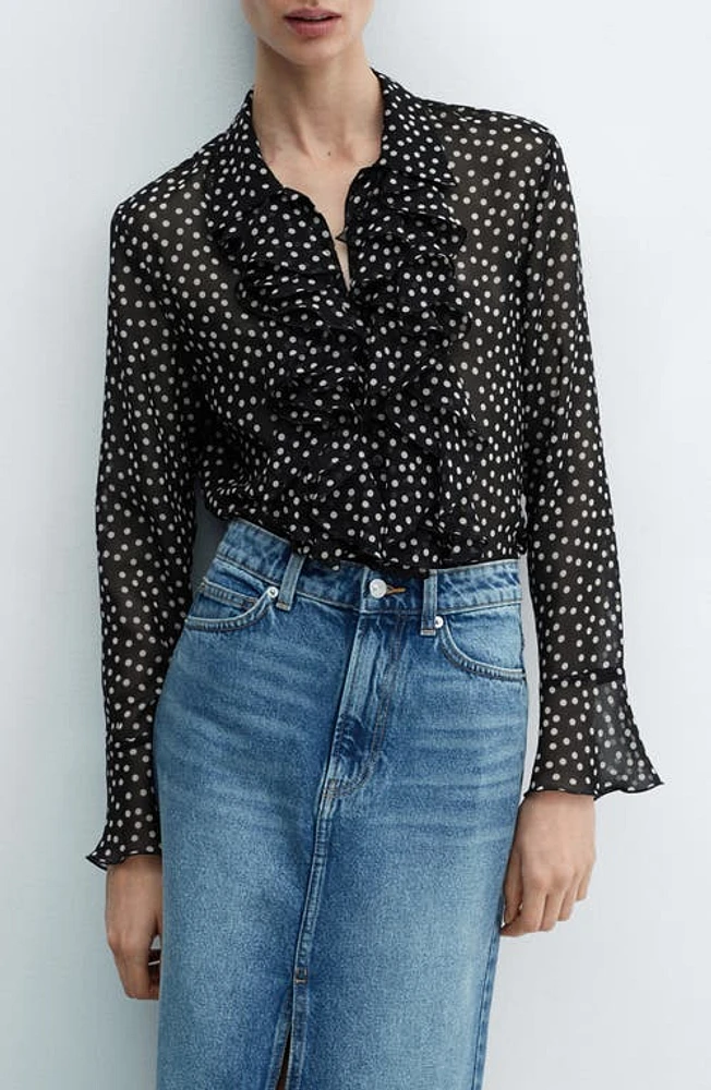 MANGO Polka Dot Ruffle Semisheer Long Sleeve Shirt Black at Nordstrom,