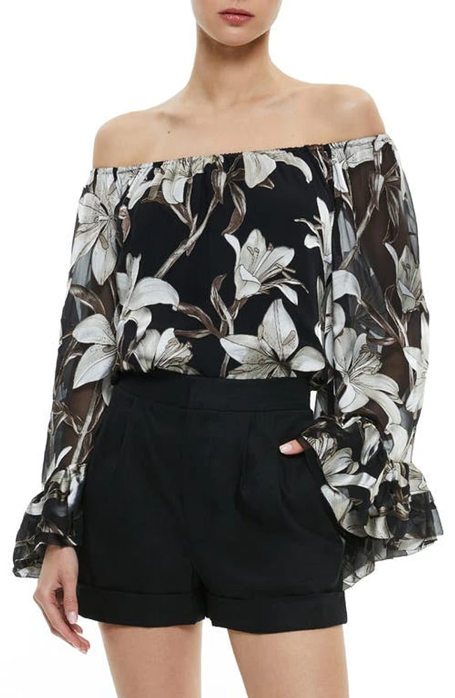 Alice + Olivia Ardelia Floral Burnout Chiffon Off the Shoulder Top Stargazer Black Lg at Nordstrom,