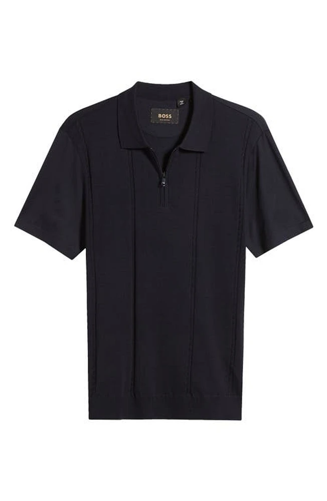 BOSS Parkau Cable Stitch Cotton & Silk Zip Polo Sweater Dark Blue at Nordstrom,