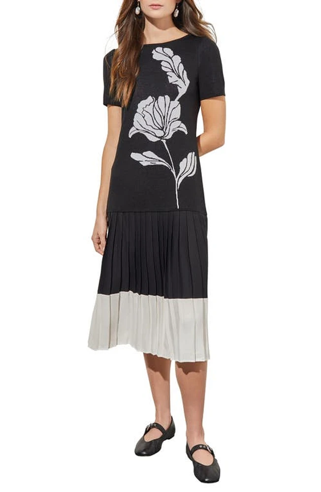 Ming Wang Pleated Drop Waist Knit Midi Dress in Black/White at Nordstrom, Size X-Small