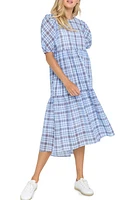 English Factory Check Tiered Midi Dress Blue at Nordstrom,