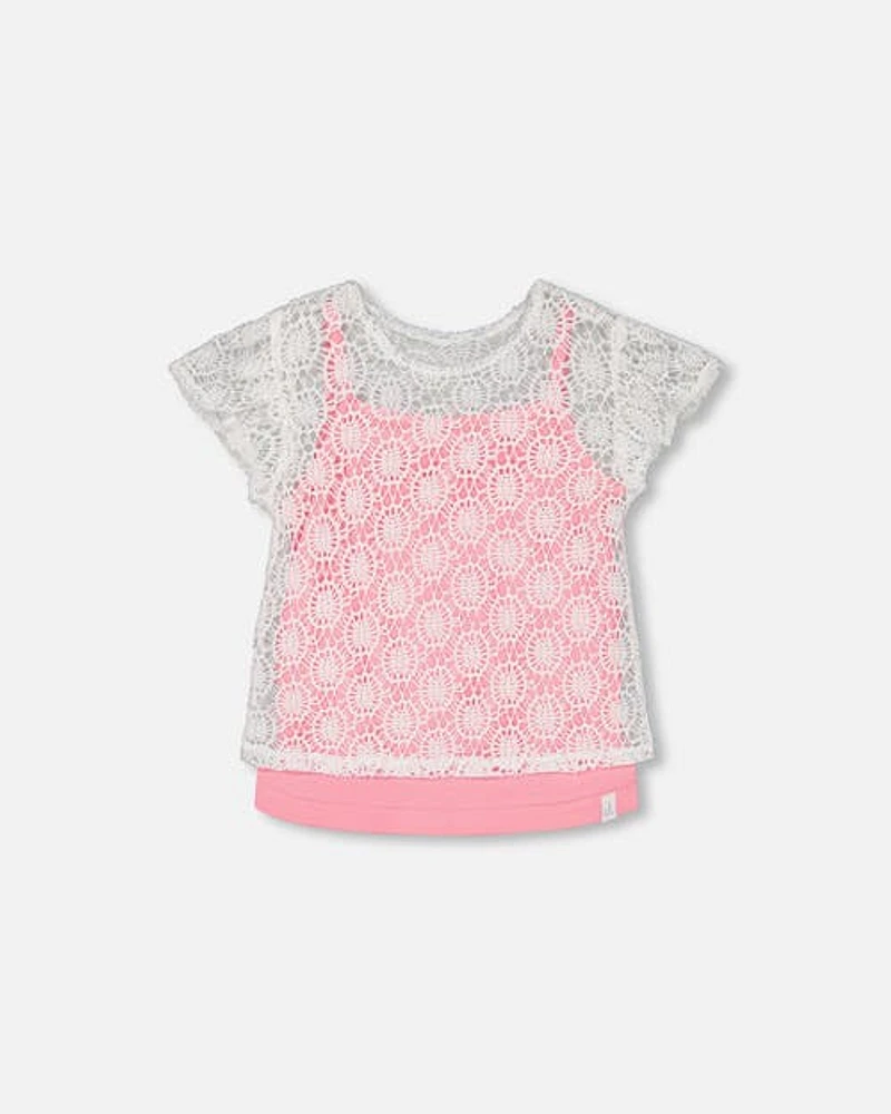 Deux Par Deux Little Girl's Crochet Top With Contrast Tank Pink in White And Pink at Nordstrom, Size 4T