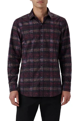 Bugatchi Julian Shaped Fit Distressed Plaid Print Stretch Cotton Button-Up Shirt Burgundy at Nordstrom,