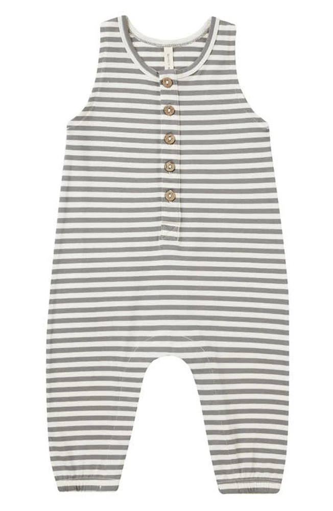 QUINCY MAE Stripe Sleeveless Organic Cotton Henley Romper Lagoon at Nordstrom,