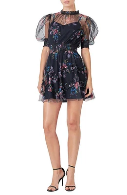 Endless Rose Floral Ruffle Puff Sleeve Mesh Minidress Navy at Nordstrom,