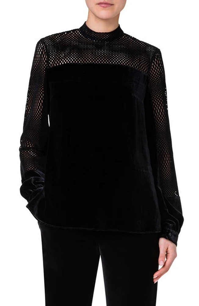 Akris punto Grid Detail Velvet Blouse in 009 Black at Nordstrom, Size 8