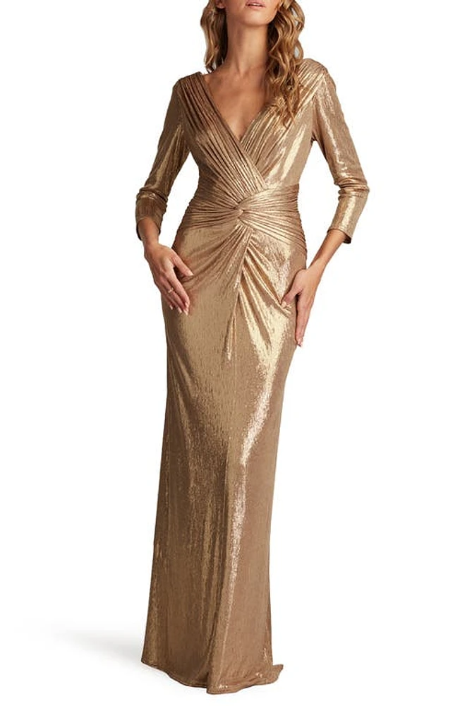 Tadashi Shoji Twist Front Metallic Long Sleeve Gown Gold Dust at Nordstrom,