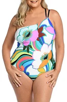 La Blanca Suncatcher One-Shoulder Lace-Up Back One-Piece Swimsuit White Floral Multi at Nordstrom