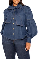 BUXOM COUTURE Bow Neck Puff Shoulder Denim Shirt Blue at Nordstrom, X