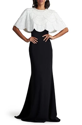 Tadashi Shoji Sequin Cape Bodice Gown Ivory/Black at Nordstrom,