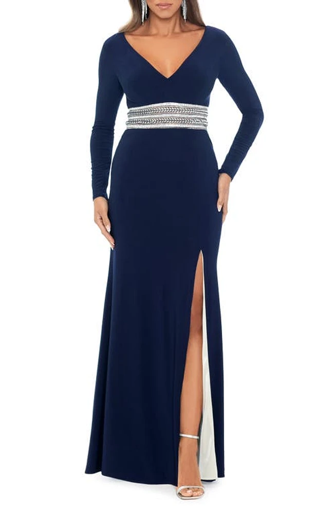 Xscape Evenings Embellished Long Sleeve Gown Navy at Nordstrom,