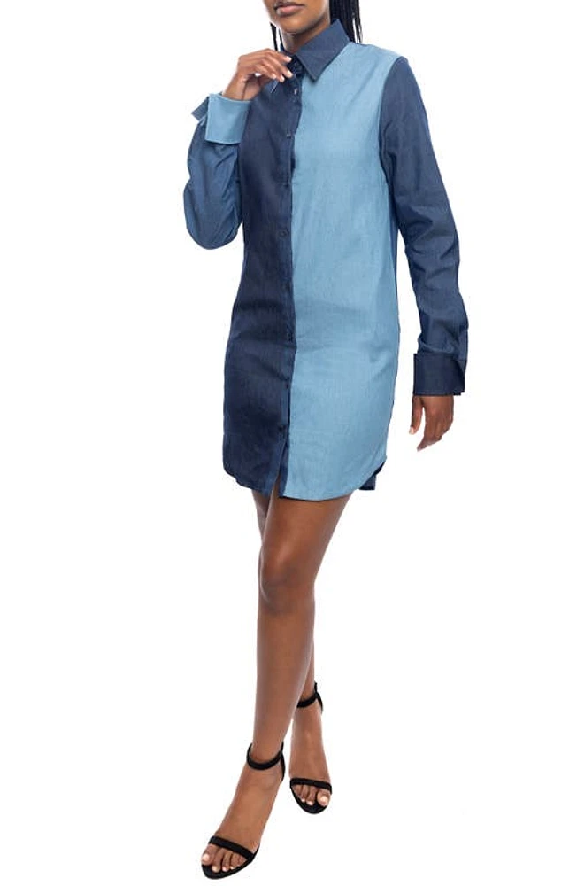 Dai Moda Colorblock Long Sleeve Stretch Denim Shirtdress Blue at Nordstrom,