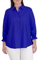 Foxcroft Olivia Bracelet Sleeve Hidden Placket Linen Blend Top at Nordstrom,