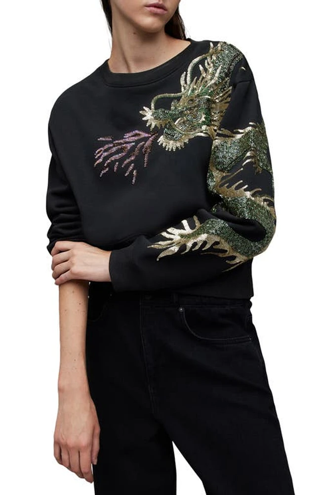 AllSaints Dragon Separo Sequin Sweatshirt Black at Nordstrom,