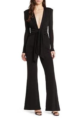 MISHA COLLECTION Thelka Knot Detail Plunge Long Sleeve Flare Jumpsuit Black Nord Exclusive at Nordstrom,