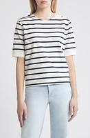 FRAME Stripe Organic Cotton Button Accent T-Shirt Navy Multi at Nordstrom,