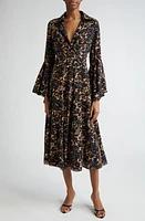 Michael Kors Collection Floral Print Flare Cuff Silk Crêpe de Chine Shirtdress Suntan/Black at Nordstrom,