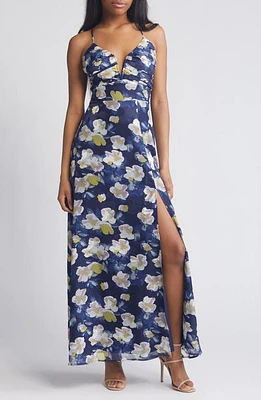 Lulus Pretty Perspective Floral Maxi Dress Navy Blue/White/Mauve at Nordstrom,