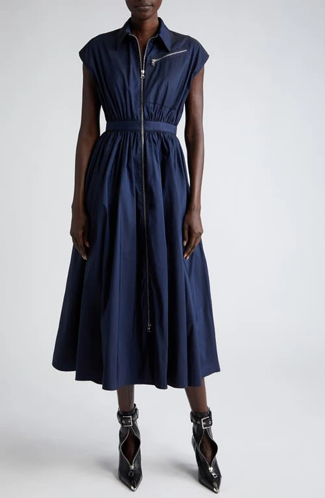 Alexander McQueen Zip Midi Satin Shirtdress in Electric Navy at Nordstrom, Size 0 Us