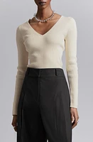 & Other Stories V-Neck Rib Wool Blend Sweater White Dusty Light at Nordstrom,