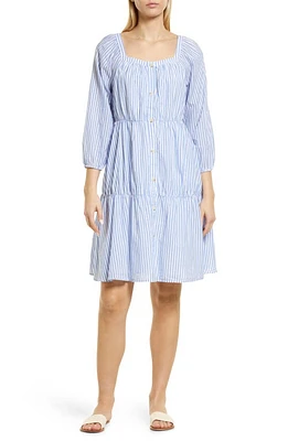 beachlunchlounge Elodie Stripe Long Sleeve Linen & Cotton Dress in Art Blue at Nordstrom, Size Medium