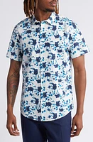 Open Edit Floral Short Sleeve Stretch Cotton Button-Up Shirt Blue Xenon Fleur at Nordstrom,