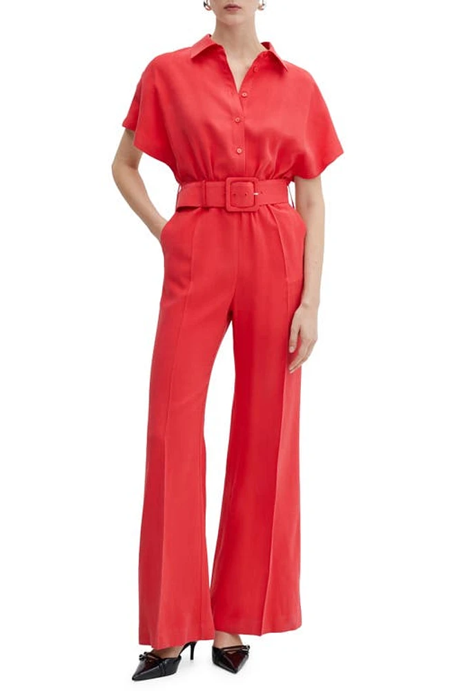 MANGO Belted Flare Leg Jumpsuit Coral Red at Nordstrom,