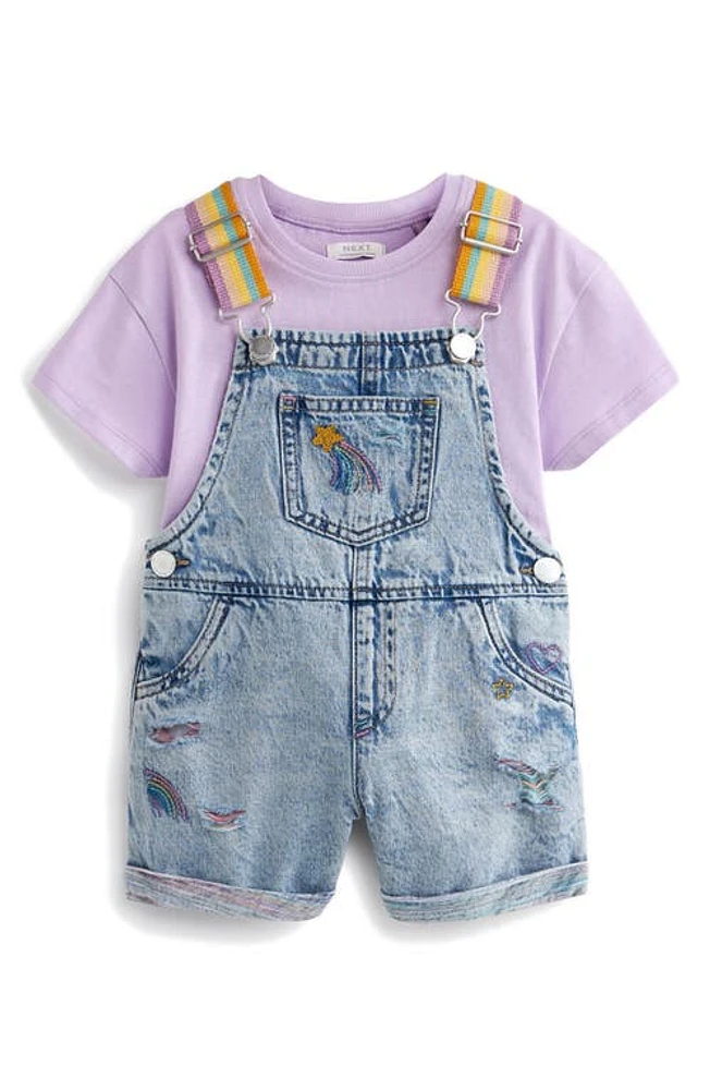 NEXT Kids' Rainbow Strap Short Overalls & Cotton T-Shirt Set Indigo at Nordstrom,