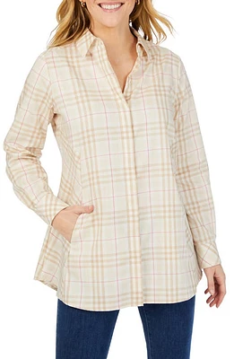 Foxcroft Cici Plaid Cotton Button-Up Tunic Shirt Birch Wood at Nordstrom,