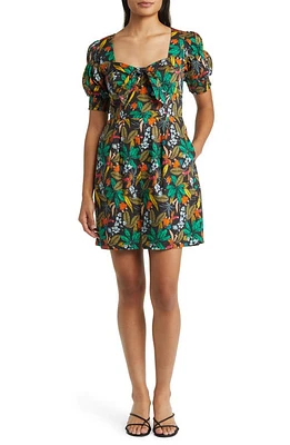 Du Paradis Floral Print Puff Sleeve Minidress Midnight Forest at Nordstrom,