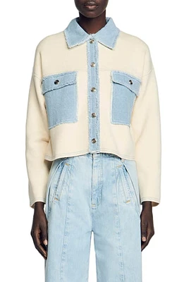 sandro Dolly Denim Trim Button-Up Sweater Ecru at Nordstrom,